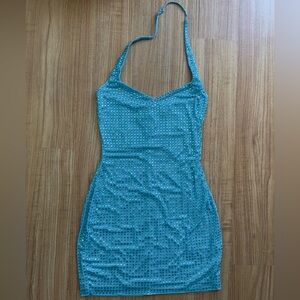 Oh Polly Embellished Halterneck Mini Dress in Aqua Blue